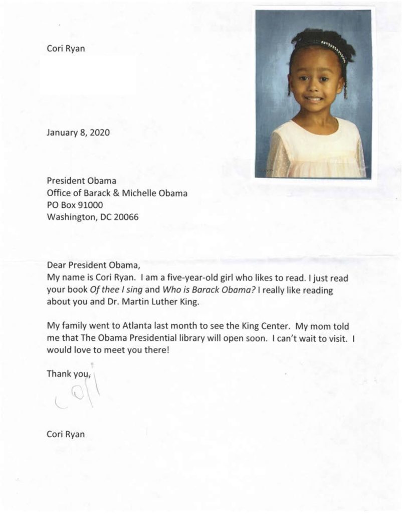A letter from Cori Ryan with a school photo of her in the top right corner.