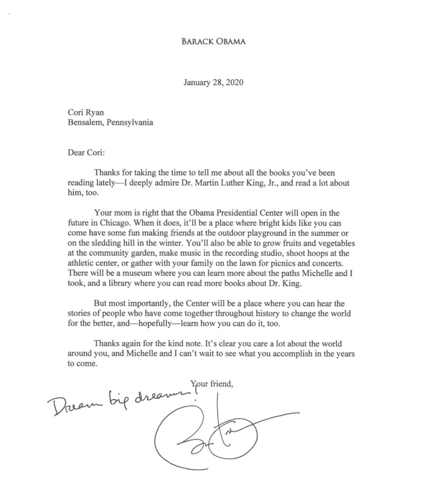 President Obama's letter to Cori Ryan, featuring a handwritten "Dream big dreams!"